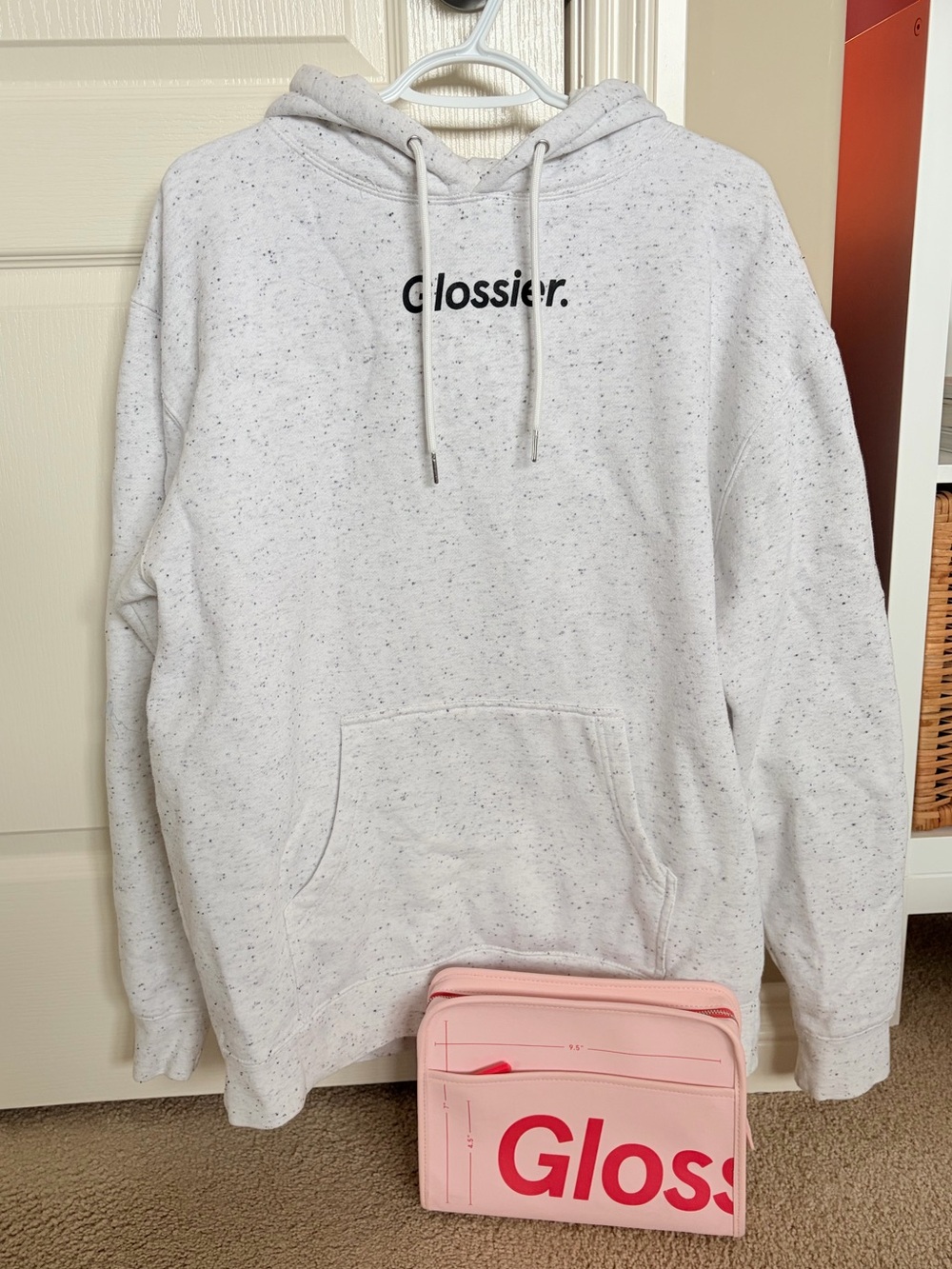 Glossier Speckled Ivory Hoodie with Pink Glossier Cosmetic Bag Set